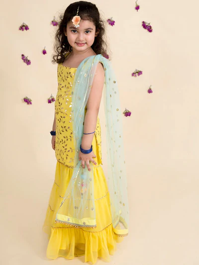 Girl - Yellow Sharara Set with Sea Green Dupatta