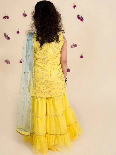 Girl - Yellow Sharara Set with Sea Green Dupatta