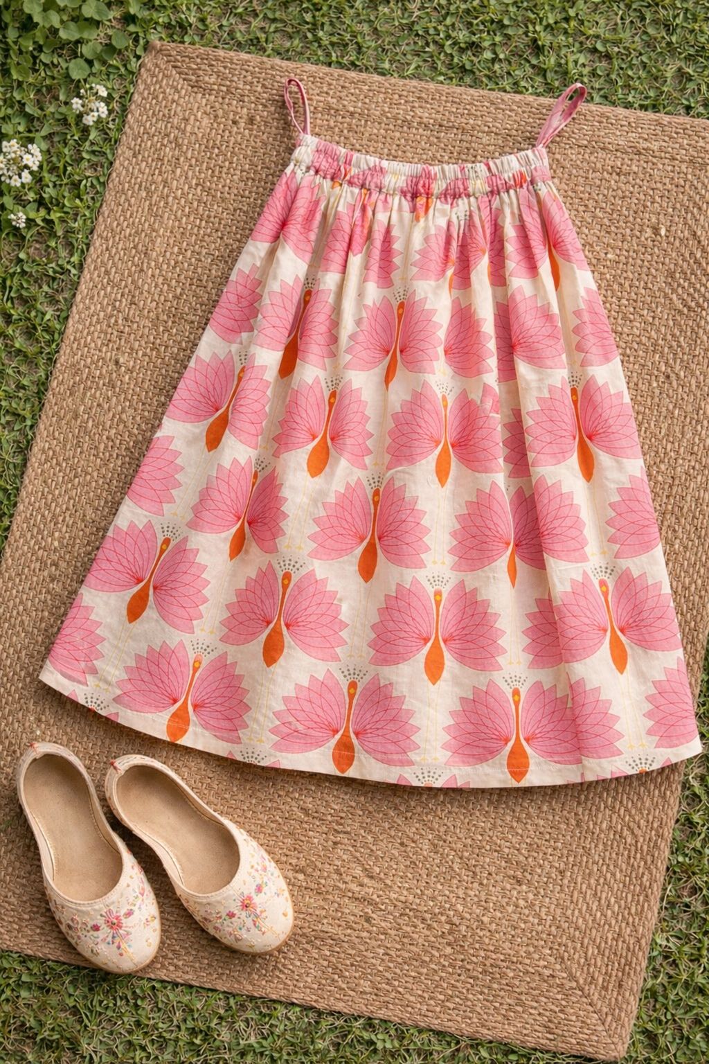 Girls - Off-White Peacock Print Cotton Lehenga Choli with Dupatta