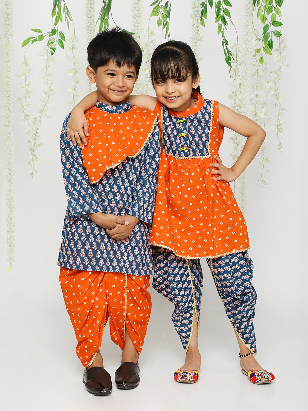 Girl - Orange & Navy Blue Kurta Dhoti Set