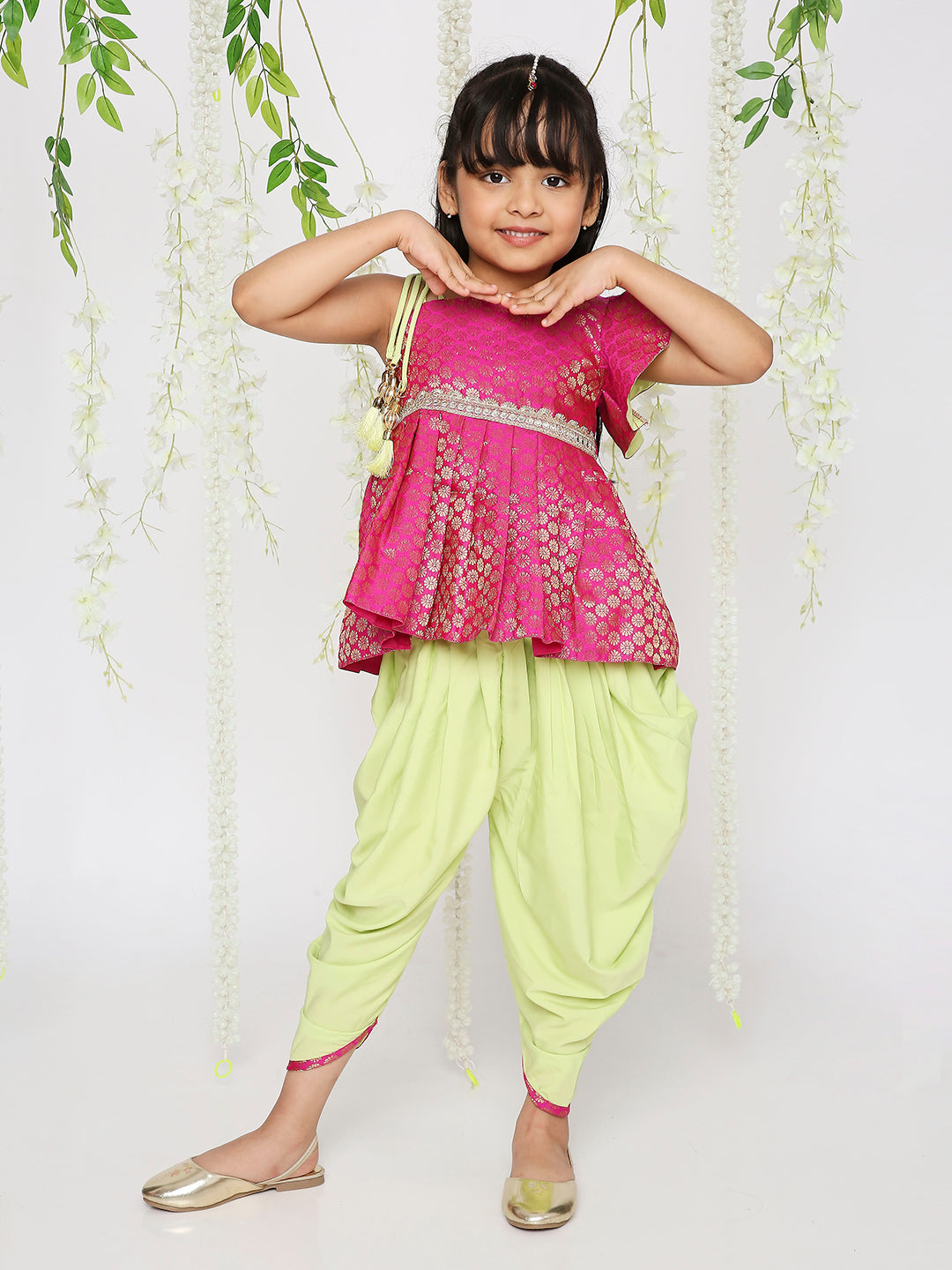 Girl - Pink Raw Silk Kurta & Green Dhoti Set