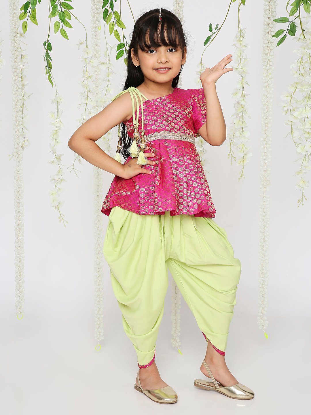 Girl - Pink Raw Silk Kurta & Green Dhoti Set