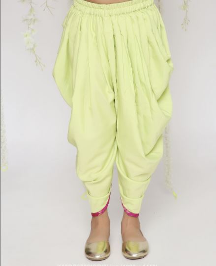 Girl - Pink Raw Silk Kurta & Green Dhoti Set