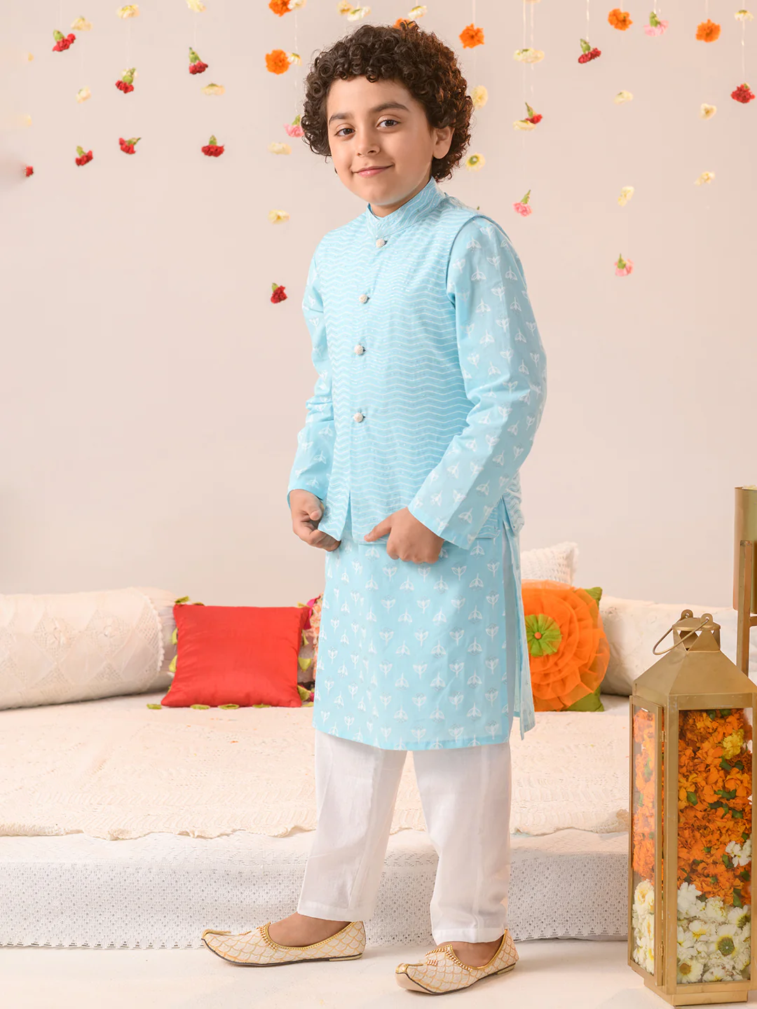 Boy - Light Blue Cotton Kurta Pyjama & Jacket Set