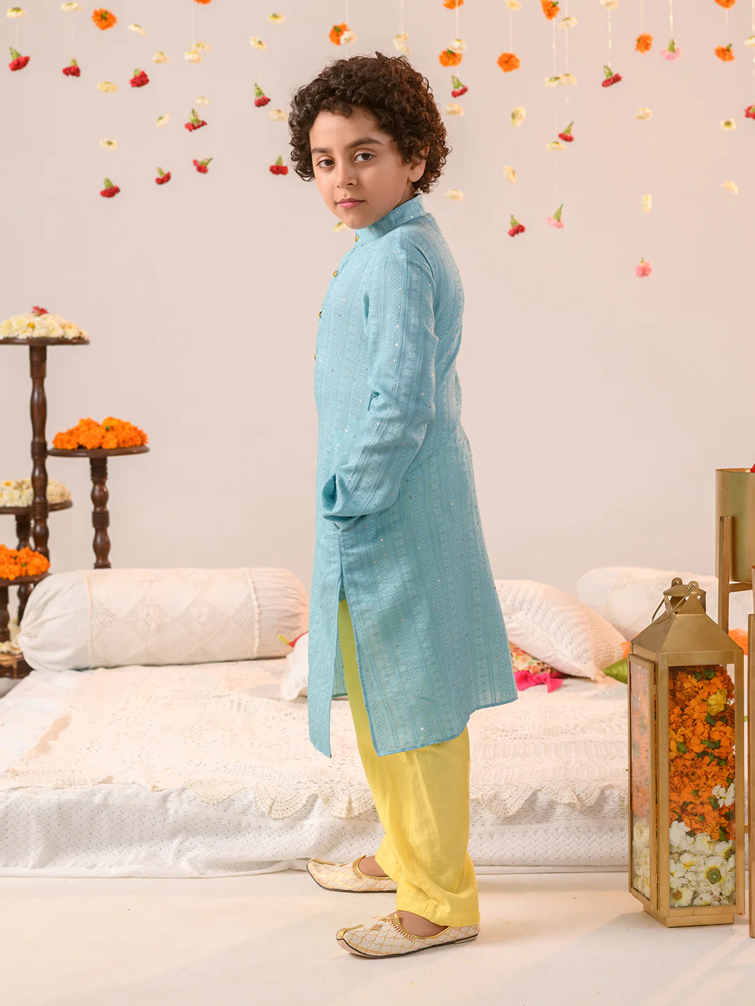 Boy - Blue & Yellow Long Kurta & Pyjama Set