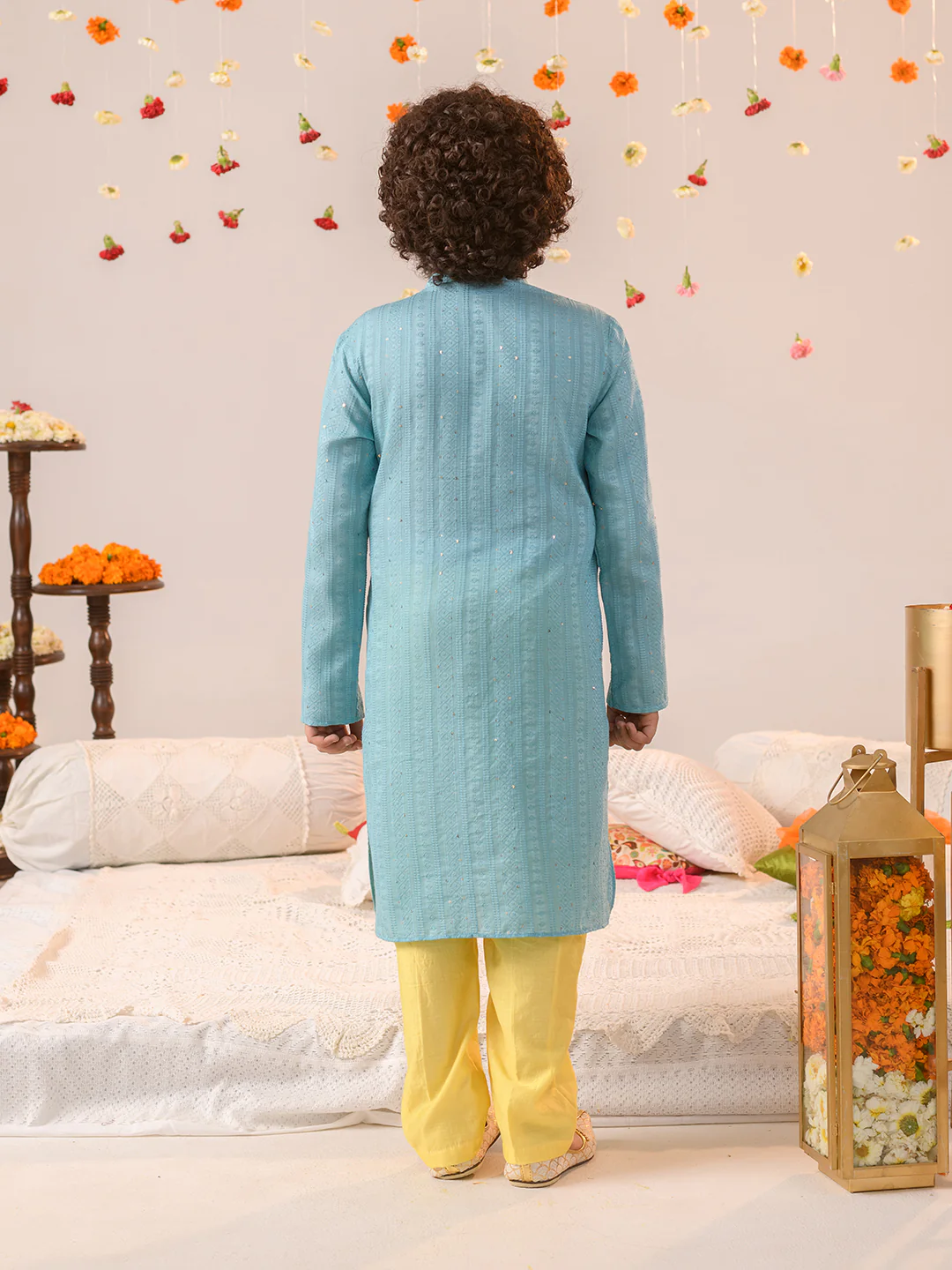 Boy - Blue & Yellow Long Kurta & Pyjama Set