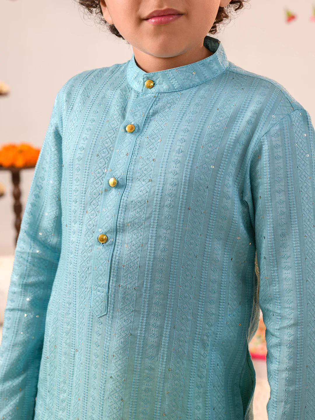 Boy - Blue & Yellow Long Kurta & Pyjama Set