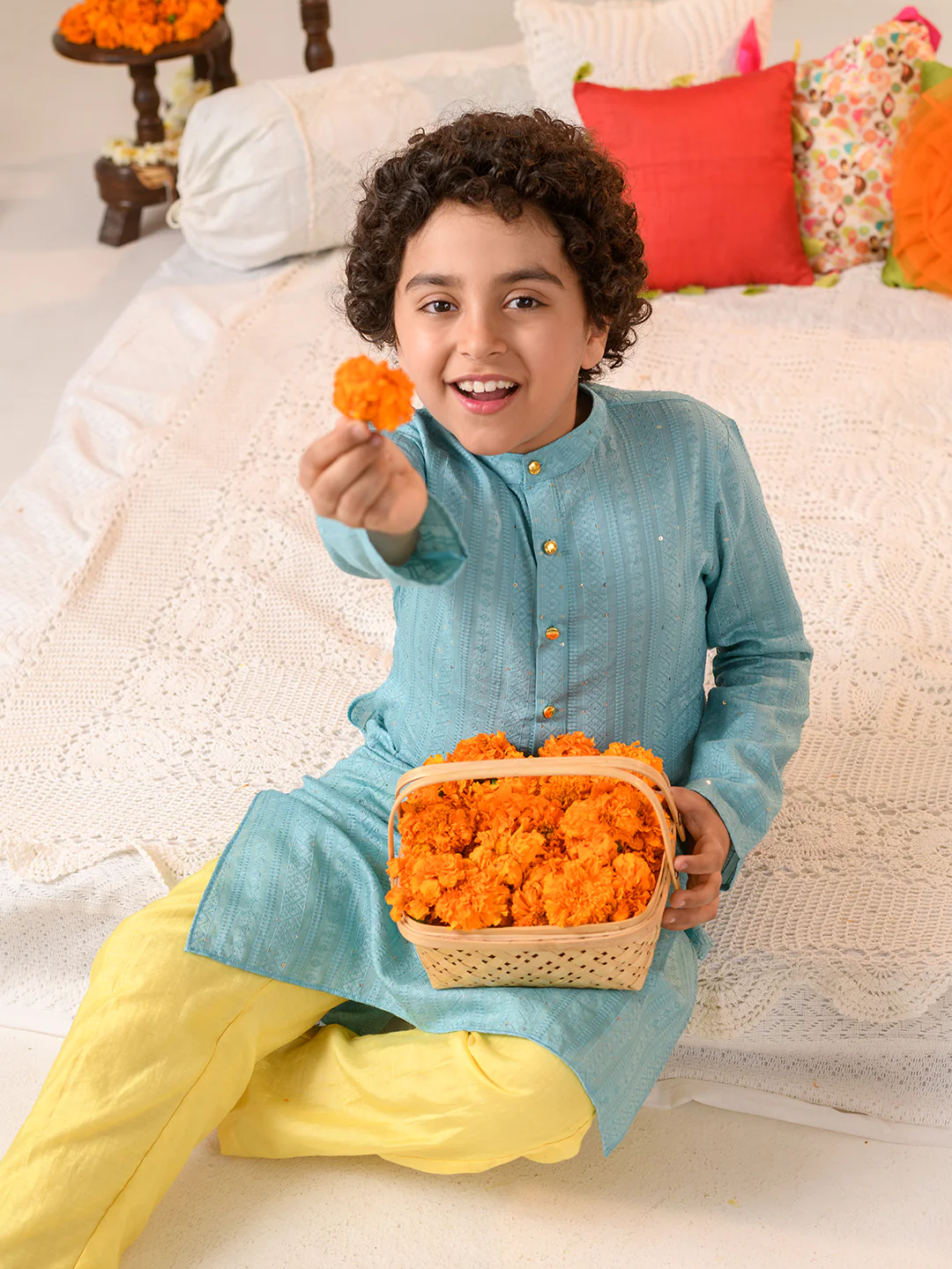 Boy - Blue & Yellow Long Kurta & Pyjama Set
