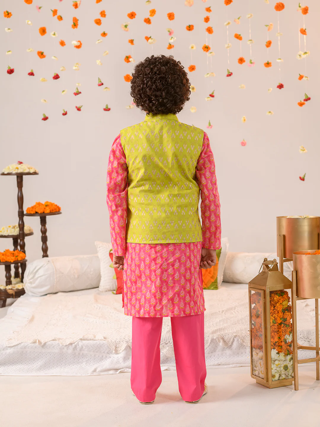 Boy - Cotton Green Jacket with Gotta Patta work & Pink Kurta Pyjama Set