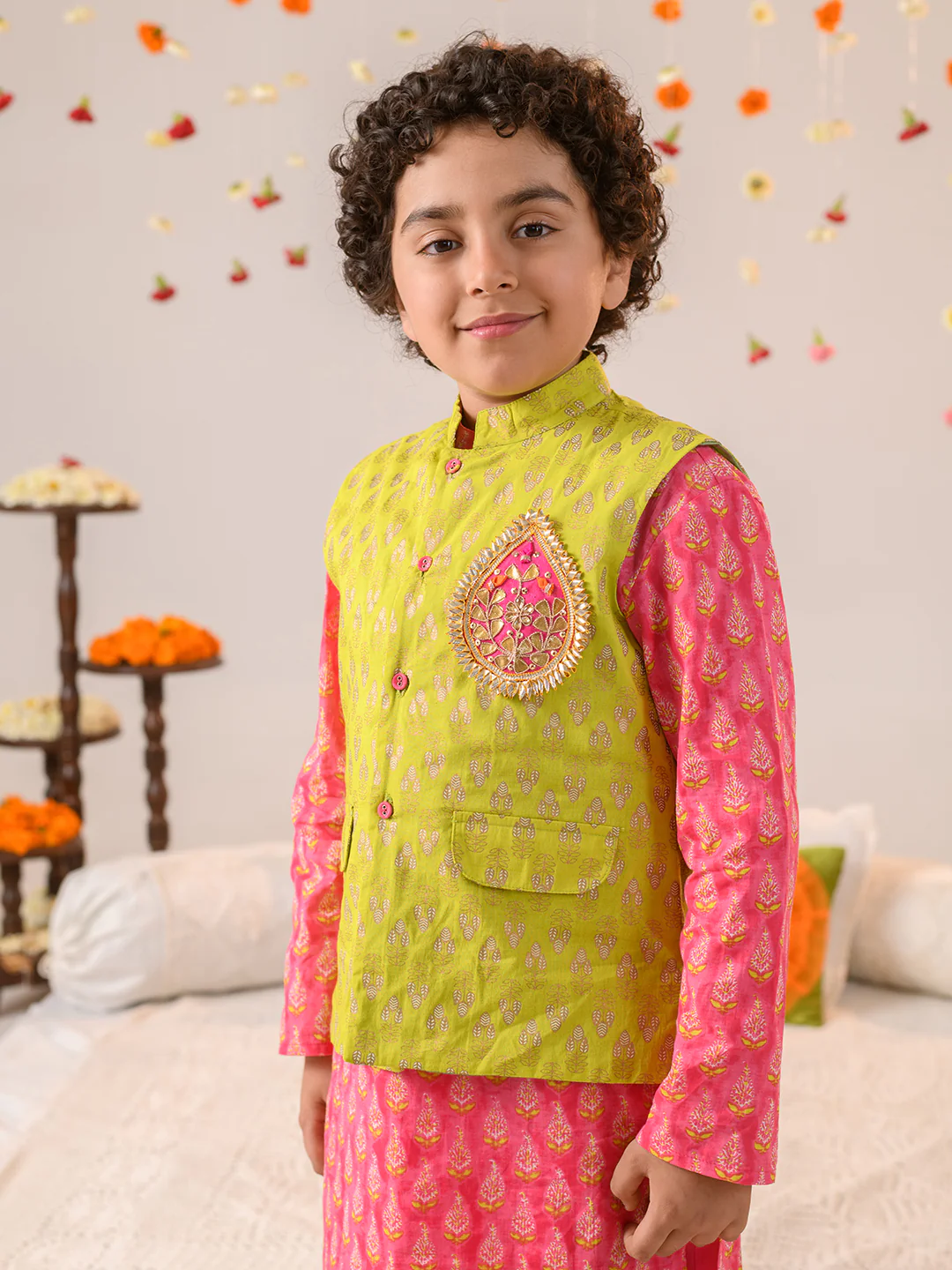 Boy - Cotton Green Jacket with Gotta Patta work & Pink Kurta Pyjama Set
