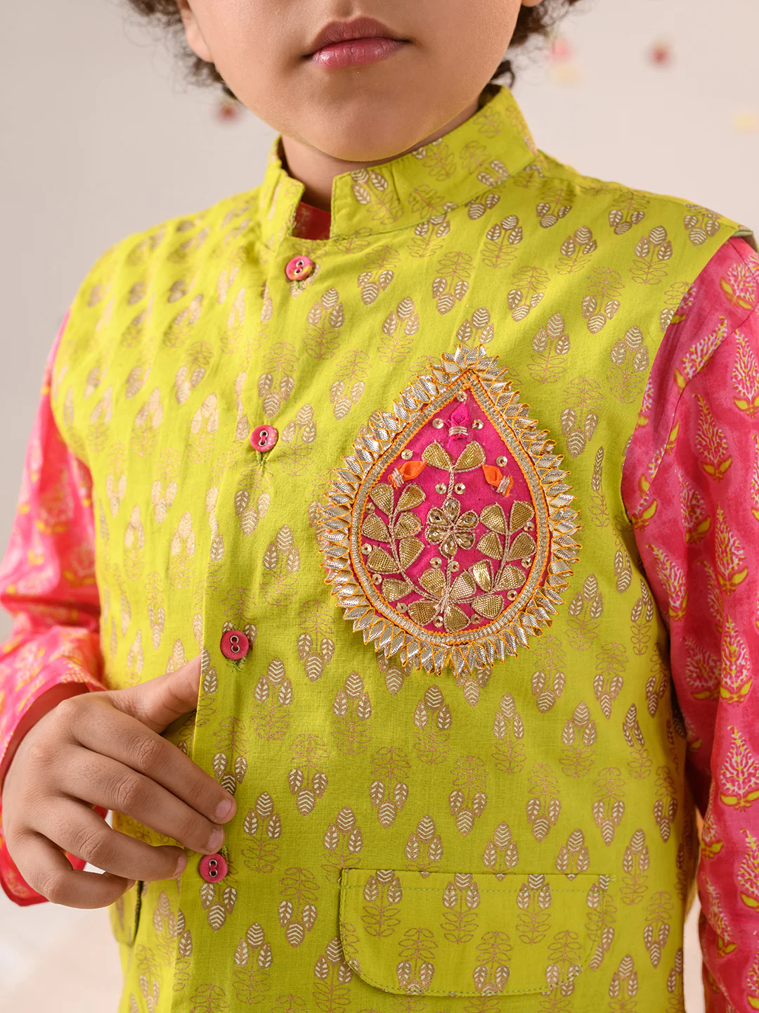Boy - Cotton Green Jacket with Gotta Patta work & Pink Kurta Pyjama Set