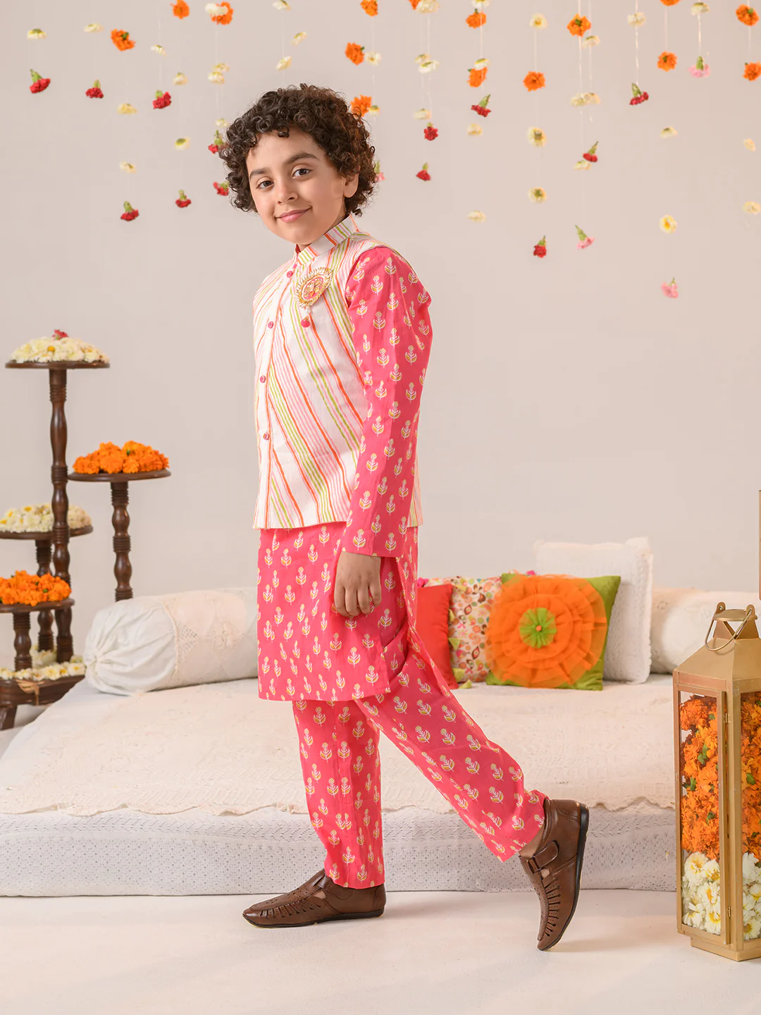 Boy - Cotton Stripe Print Jacket with Pink Kurta Pyjama Set