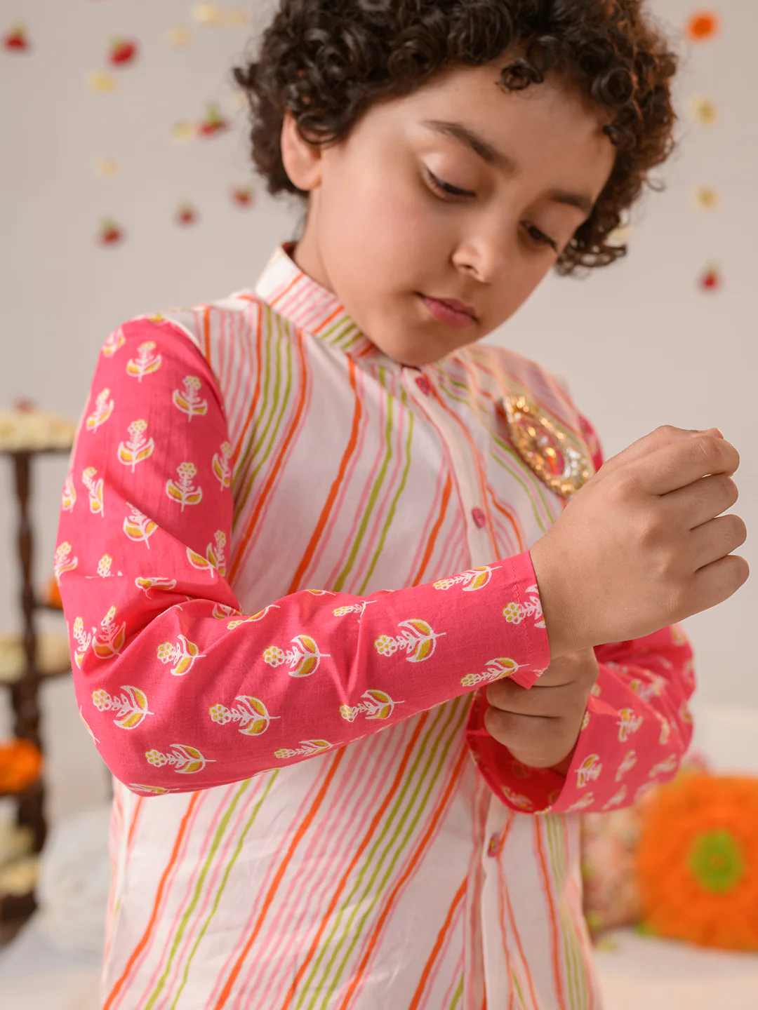 Boy - Cotton Stripe Print Jacket with Pink Kurta Pyjama Set