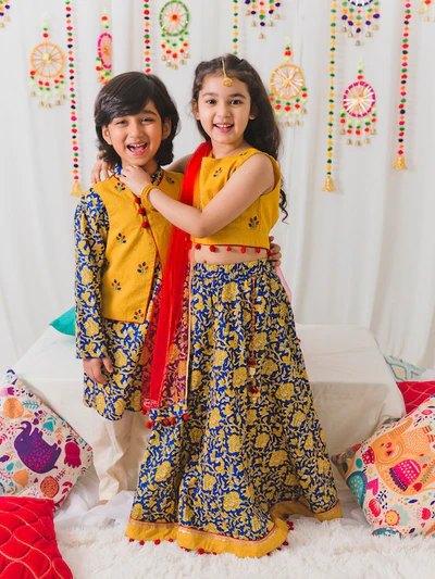 Boy Blue & Yellow Print Cotton Kurta Pyjama Jacket Set