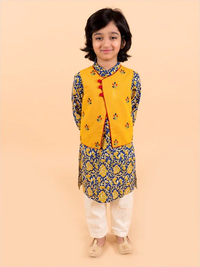 Boy Blue & Yellow Print Cotton Kurta Pyjama Jacket Set