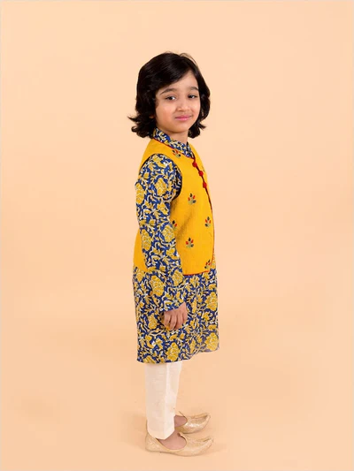 Boy Blue & Yellow Print Cotton Kurta Pyjama Jacket Set