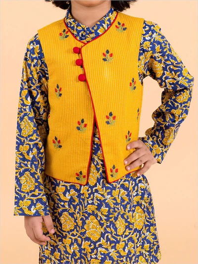 Boy Blue & Yellow Print Cotton Kurta Pyjama Jacket Set