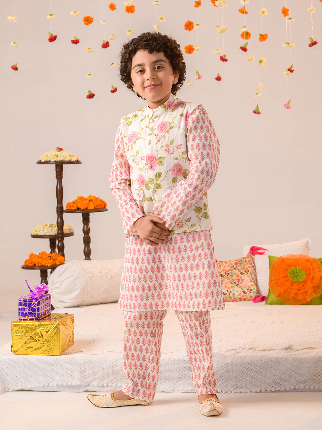 Boy - Offwhite Floral Jacket with Kurta & Pyjama Set