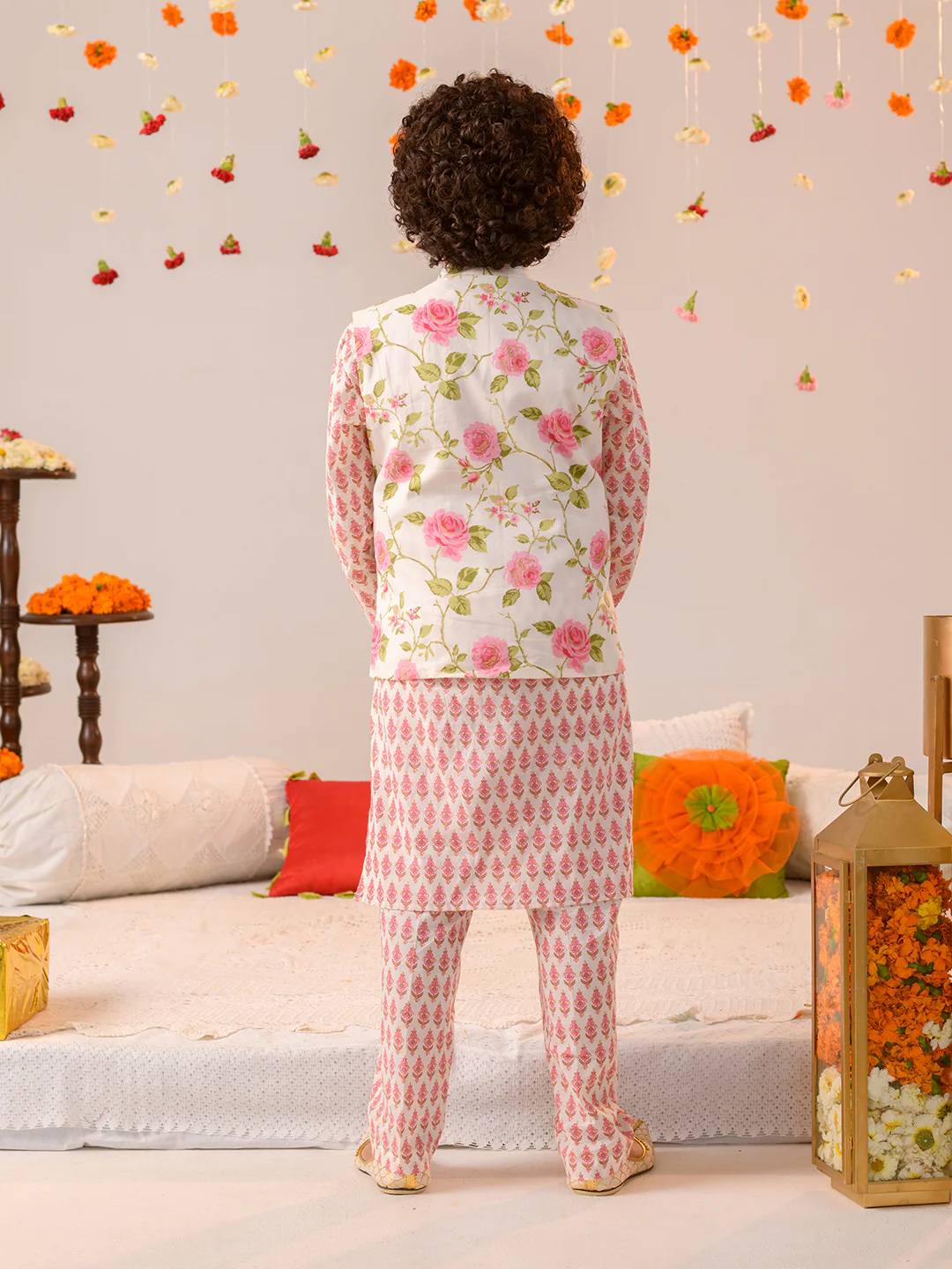 Boy - Offwhite Floral Jacket with Kurta & Pyjama Set