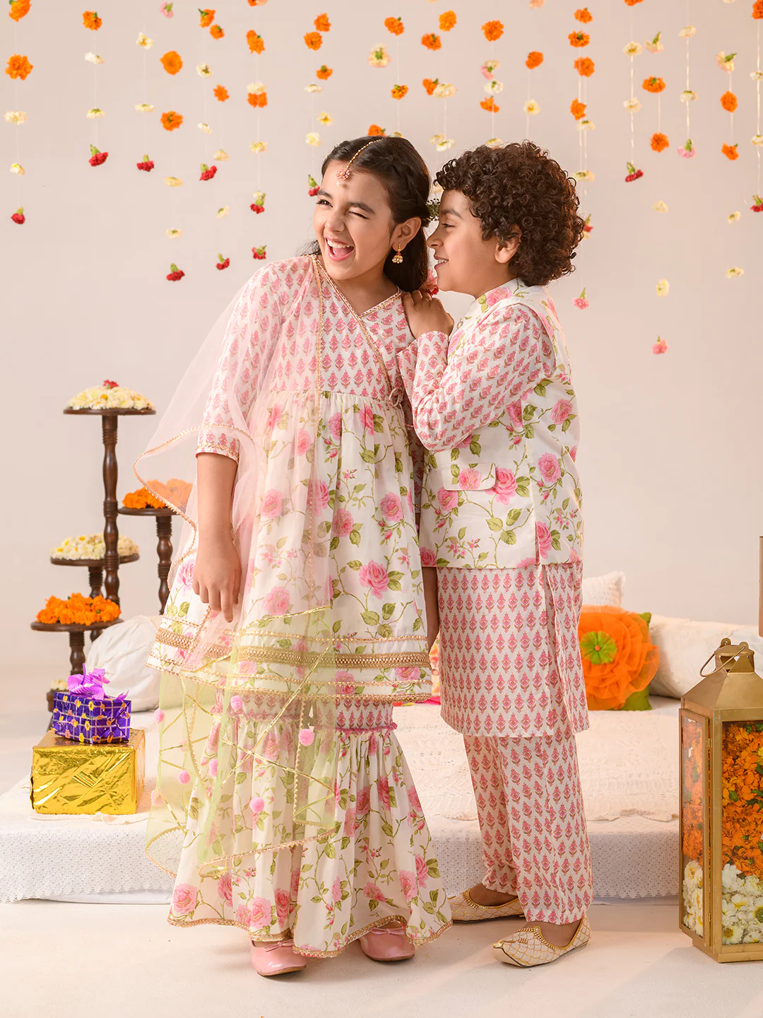 Boy - Offwhite Floral Jacket with Kurta & Pyjama Set