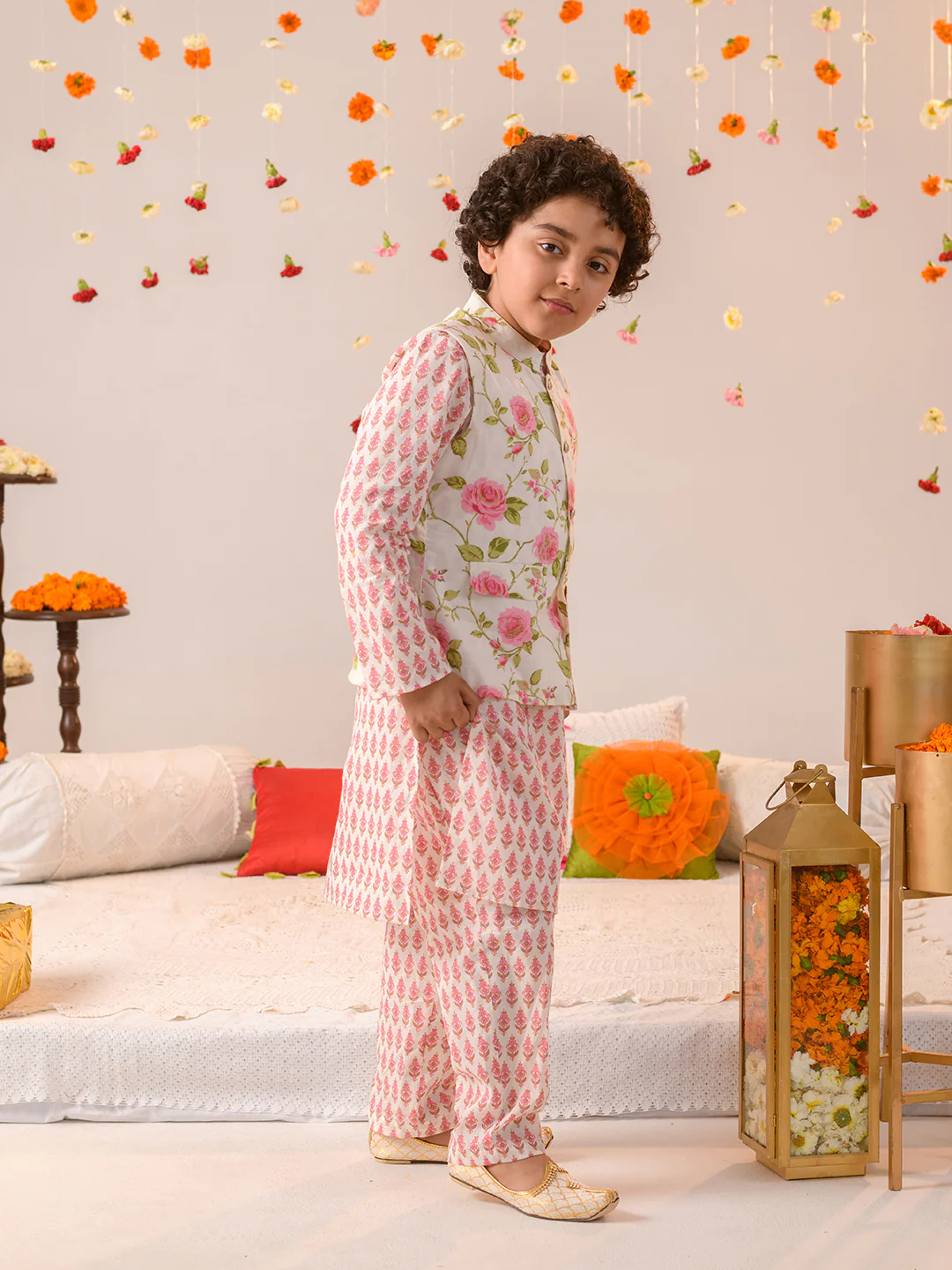 Boy - Offwhite Floral Jacket with Kurta & Pyjama Set
