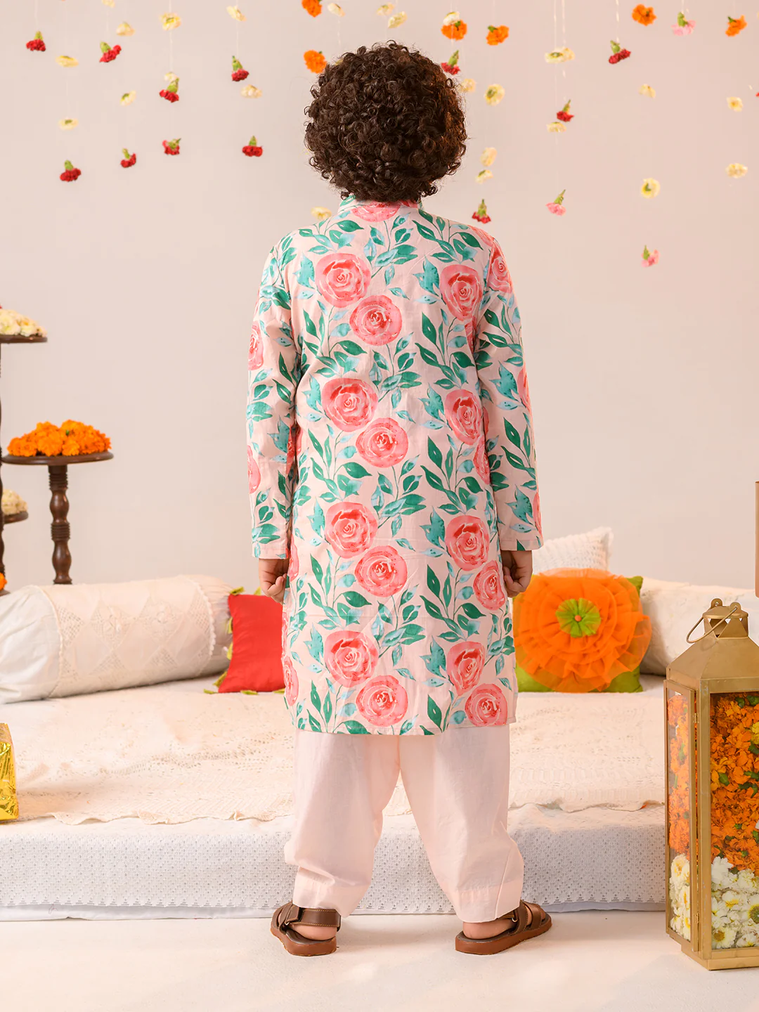 Boy - Pink & Green Floral Print Cotton Kurta Pyjama Set