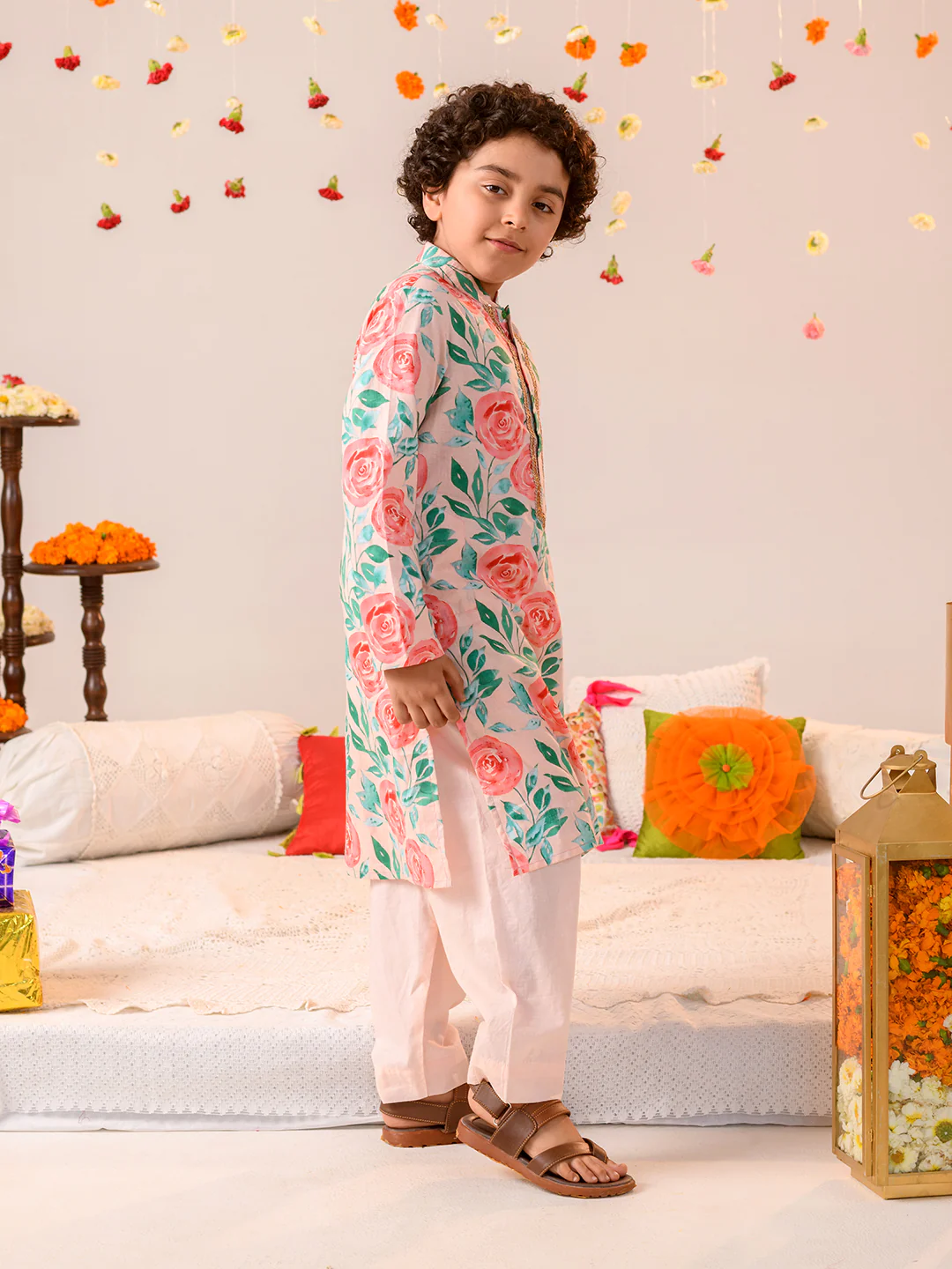 Boy - Pink & Green Floral Print Cotton Kurta Pyjama Set