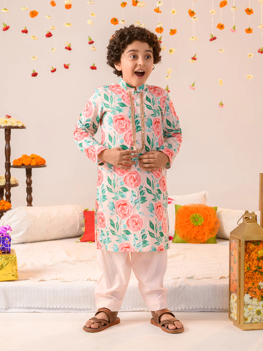 Boy - Pink & Green Floral Print Cotton Kurta Pyjama Set