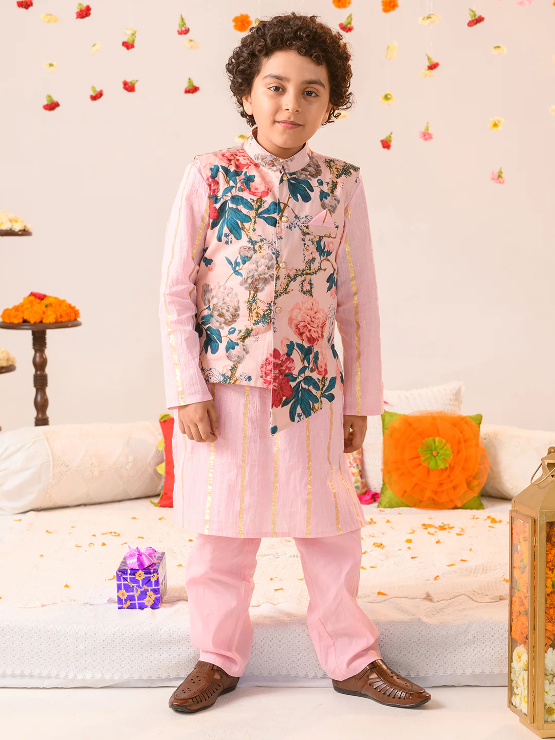 Boy - Pink Floral Kurta Pyjama & Jacket