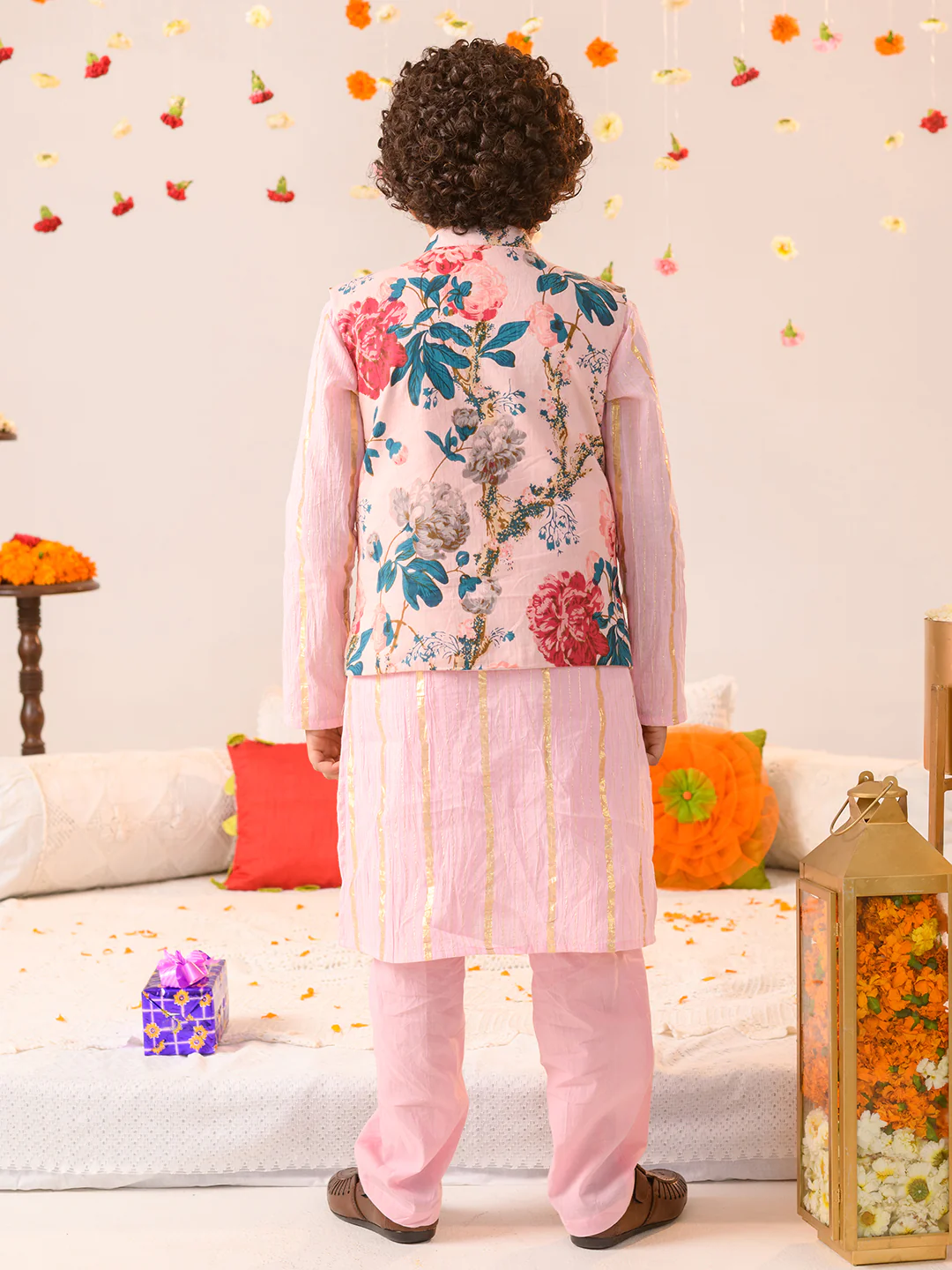 Boy - Pink Floral Kurta Pyjama & Jacket