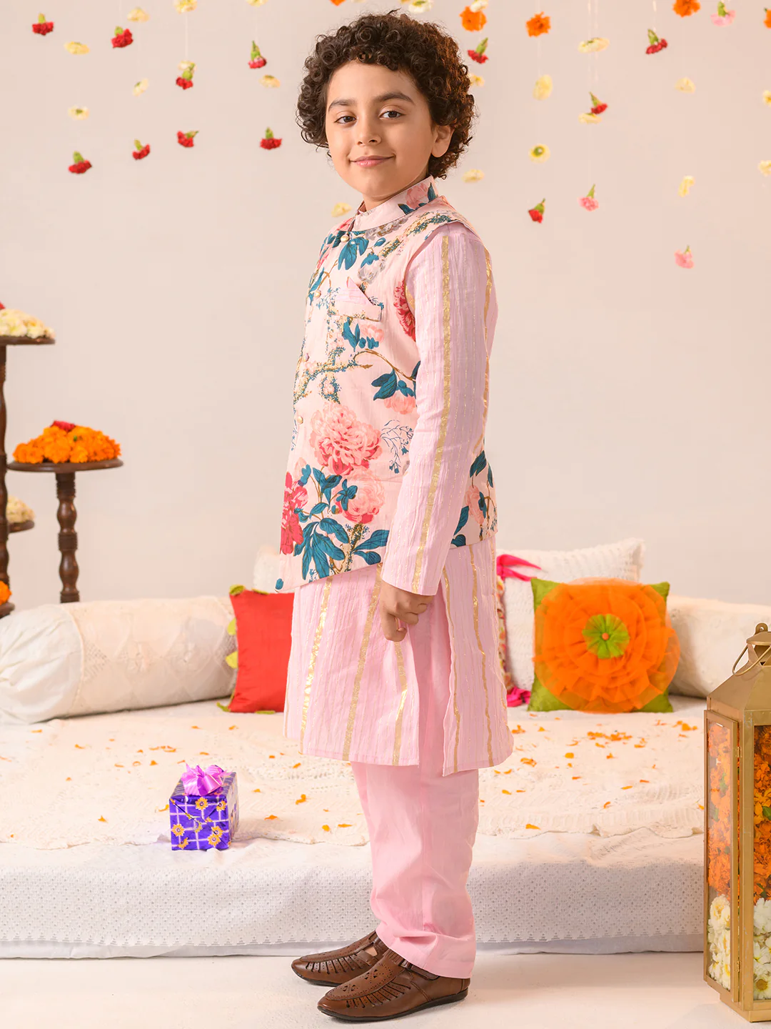 Boy - Pink Floral Kurta Pyjama & Jacket