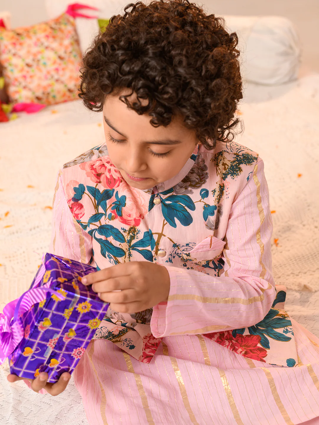 Boy - Pink Floral Kurta Pyjama & Jacket