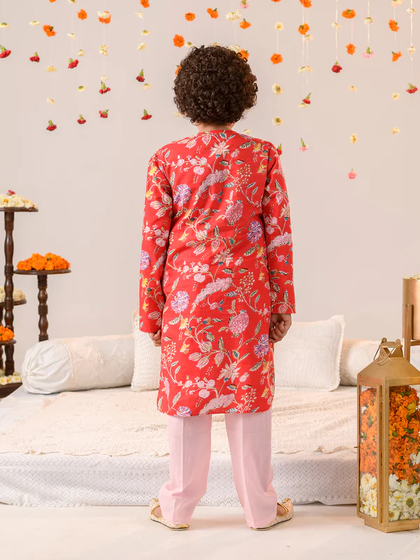 Boy Red Floral Print Kurta & Pyjama