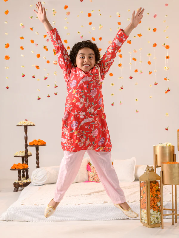 Boy Red Floral Print Kurta & Pyjama