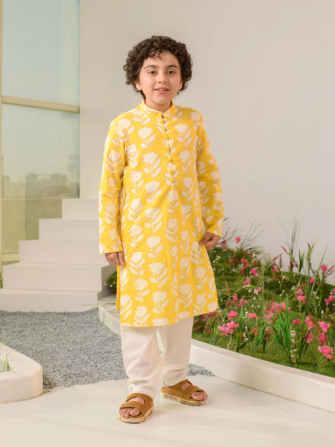 Boy- Yellow & White Floral Print Cotton Kurta Pyjama Set