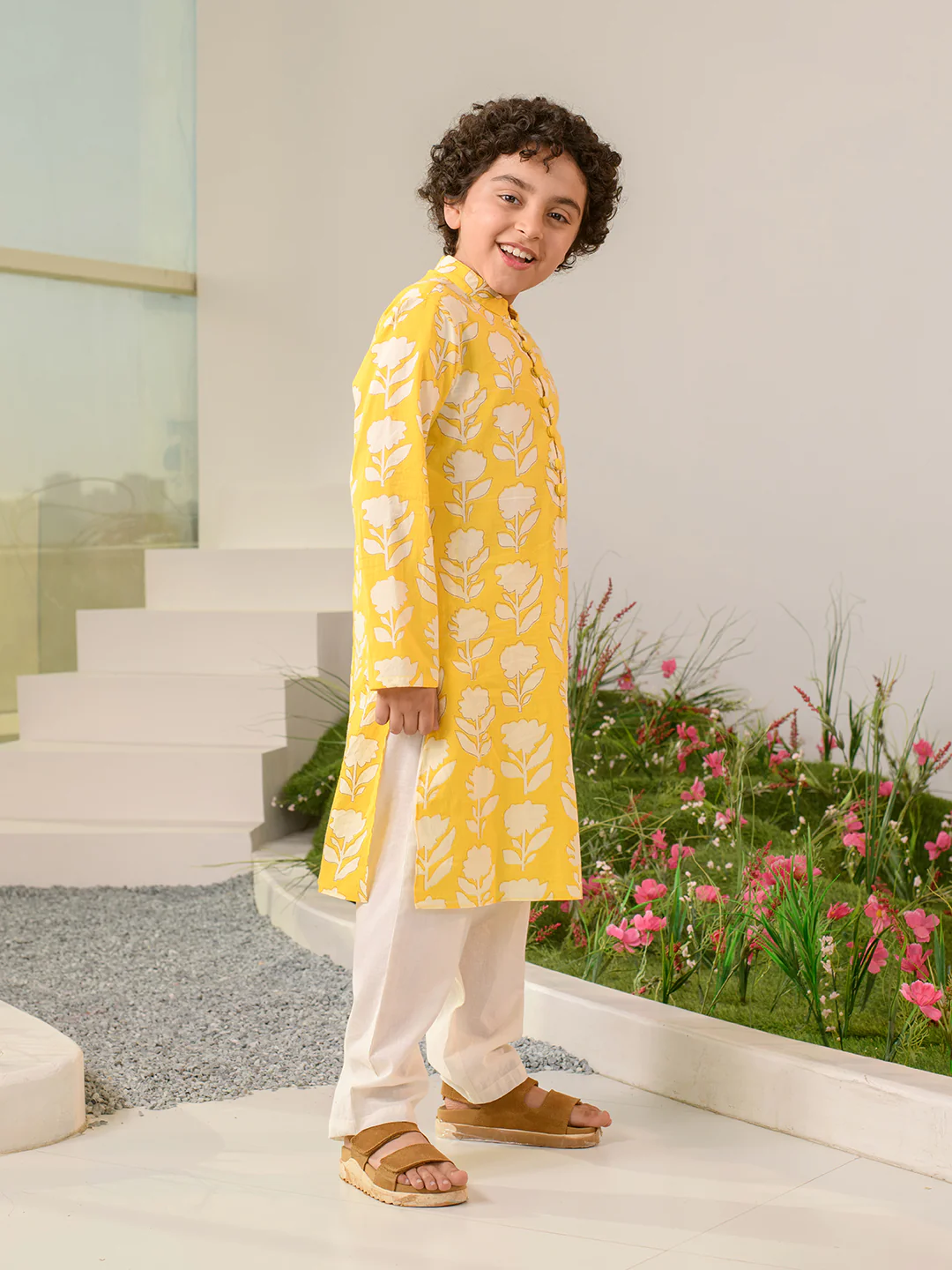 Boy- Yellow & White Floral Print Cotton Kurta Pyjama Set