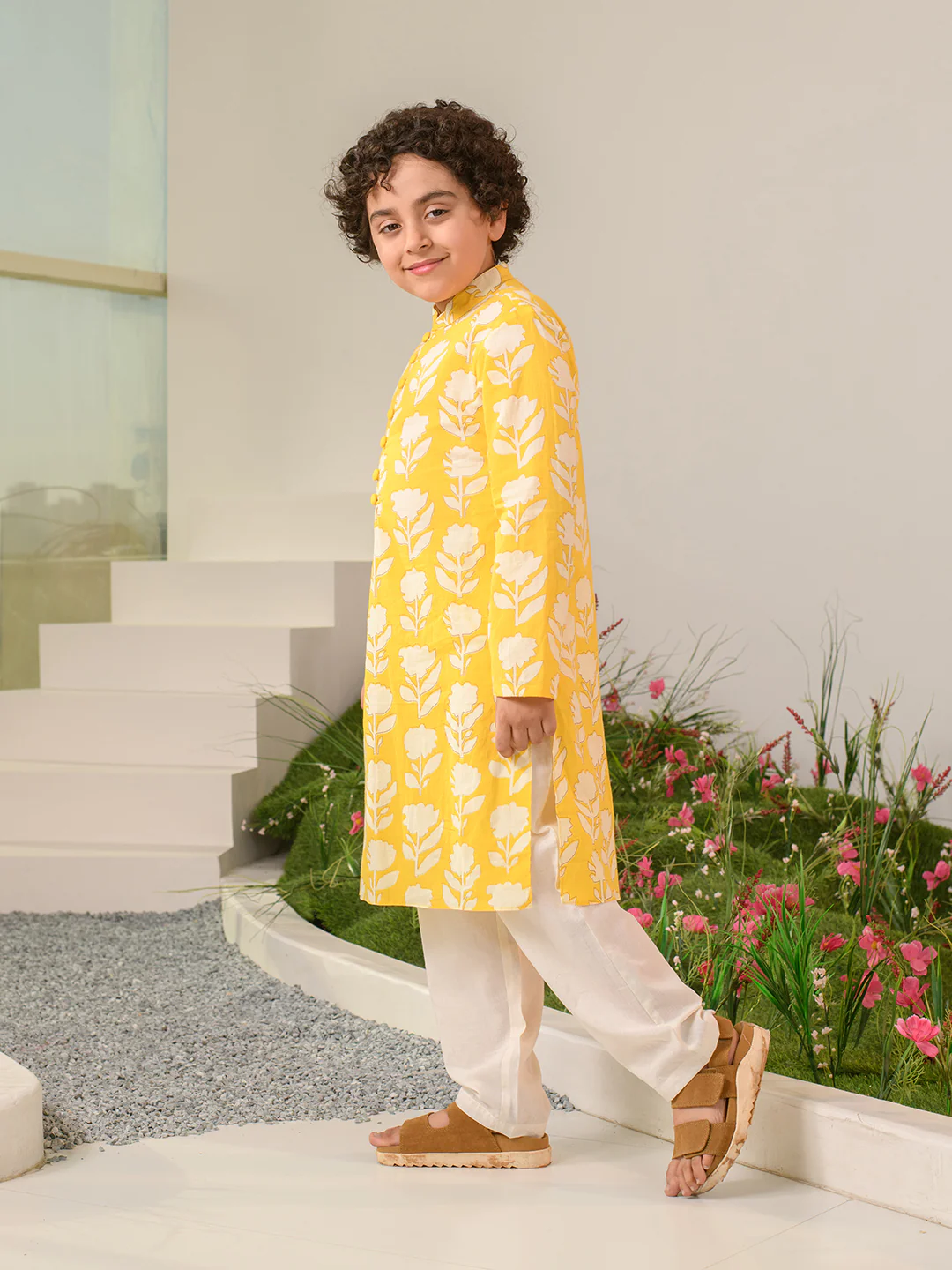Boy- Yellow & White Floral Print Cotton Kurta Pyjama Set