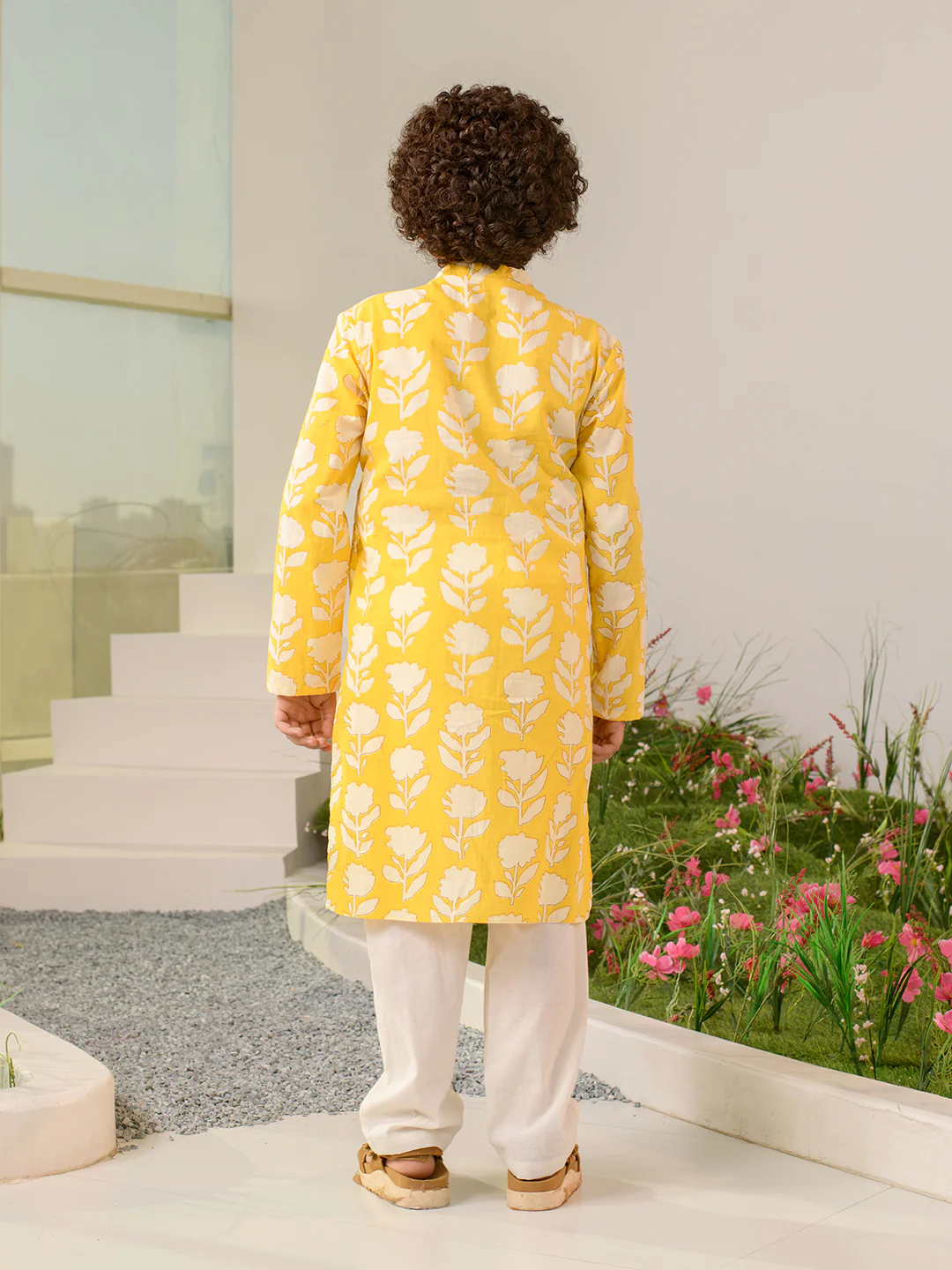 Boy- Yellow & White Floral Print Cotton Kurta Pyjama Set