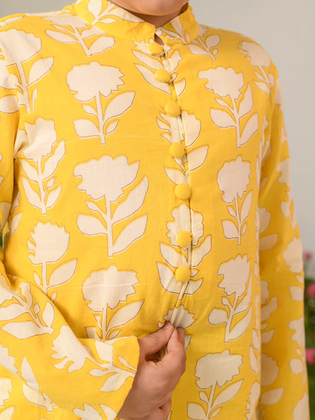 Boy- Yellow & White Floral Print Cotton Kurta Pyjama Set
