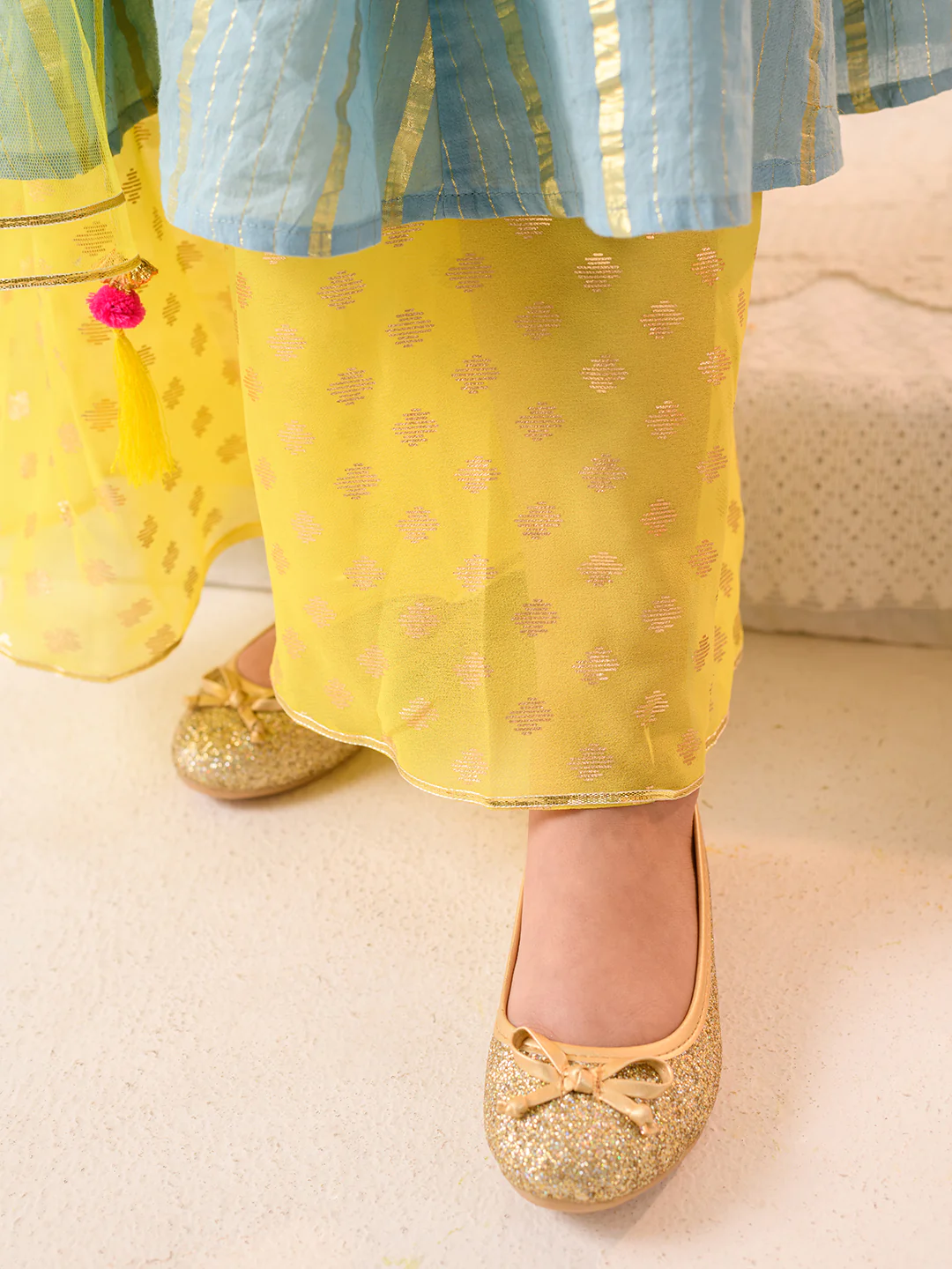Girl - Blue Kurta with Yellow Sharara & Dupatta Set