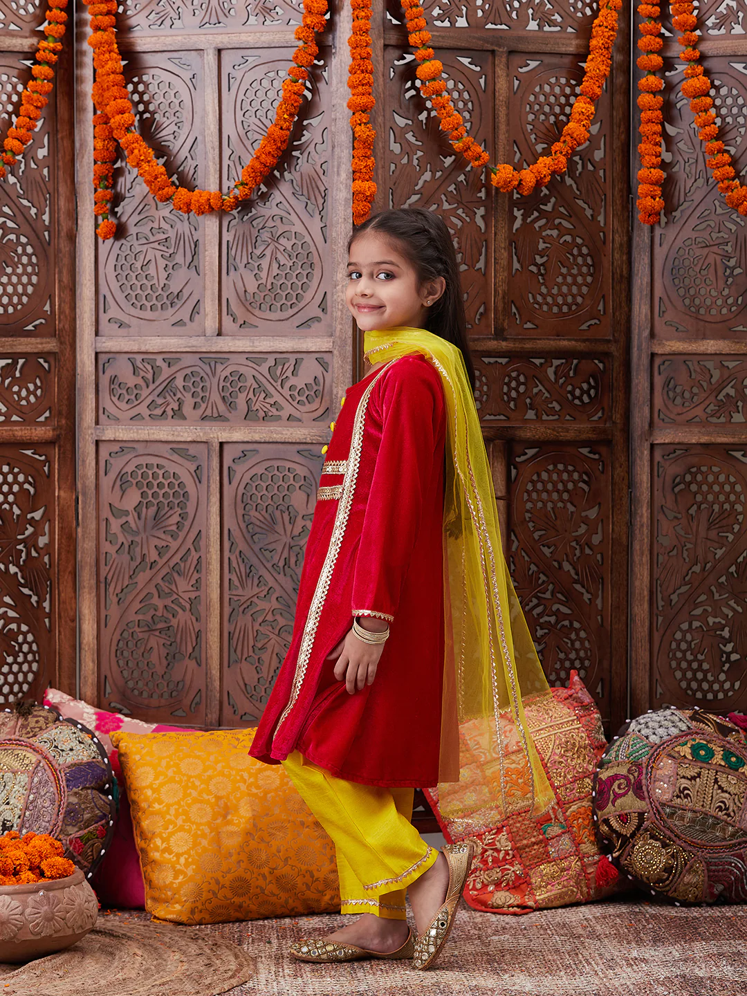 Girl - Magenta Velvet Kurta with Yellow Raw Silk Pant with Dupatta