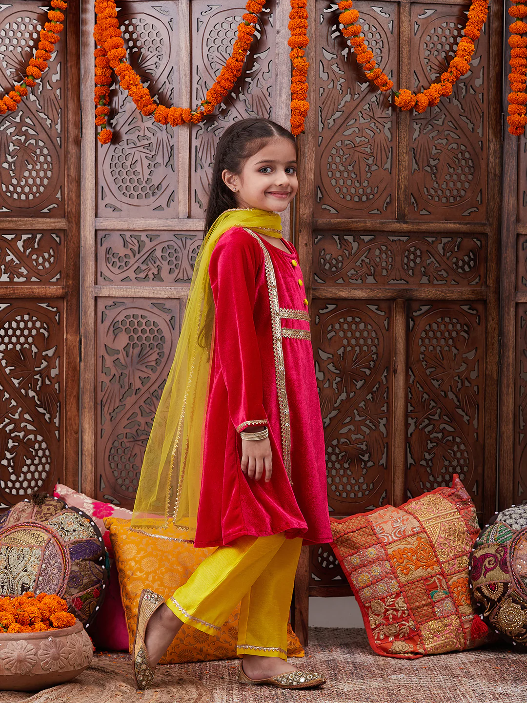 Girl - Magenta Velvet Kurta with Yellow Raw Silk Pant with Dupatta