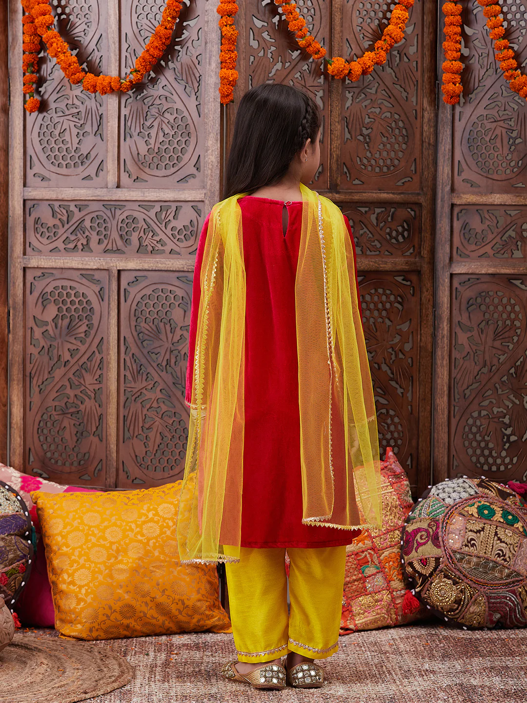 Girl - Magenta Velvet Kurta with Yellow Raw Silk Pant with Dupatta