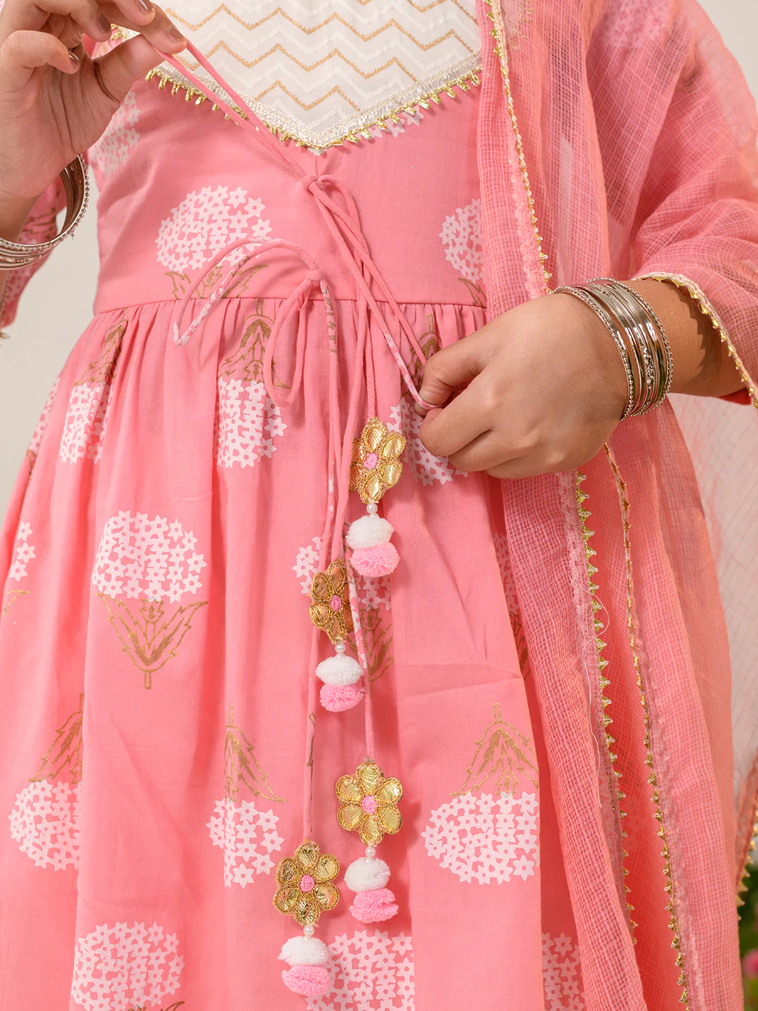 Girl - Cotton Pink Kurta with Offwhite Pant