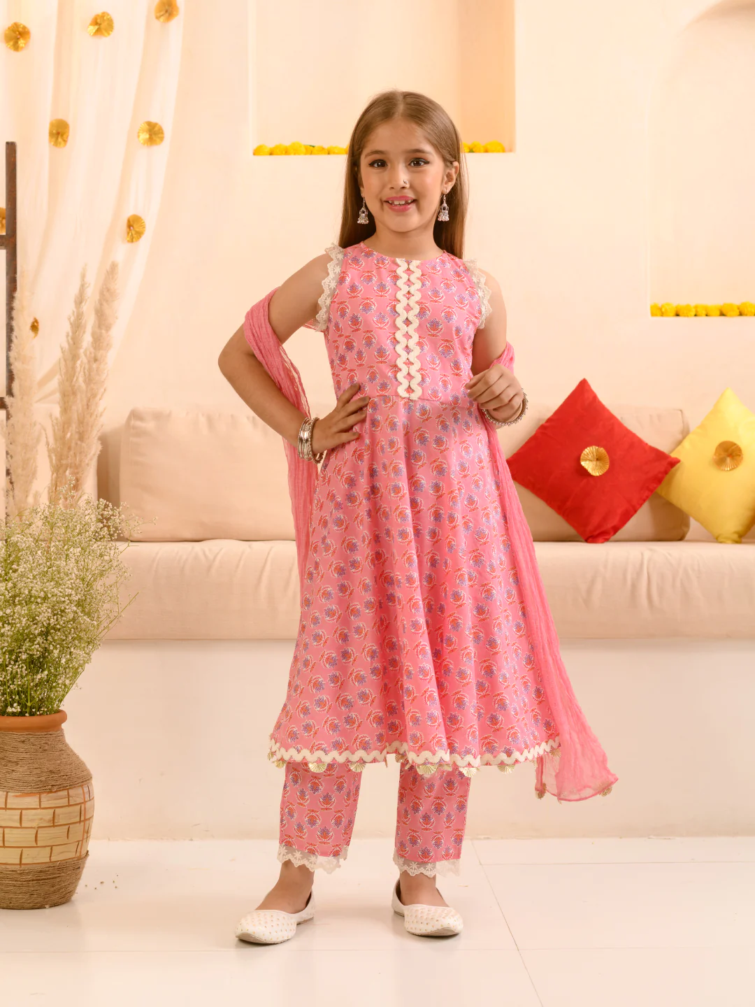 Girl - Cotton Pink Kurta with Pant Set