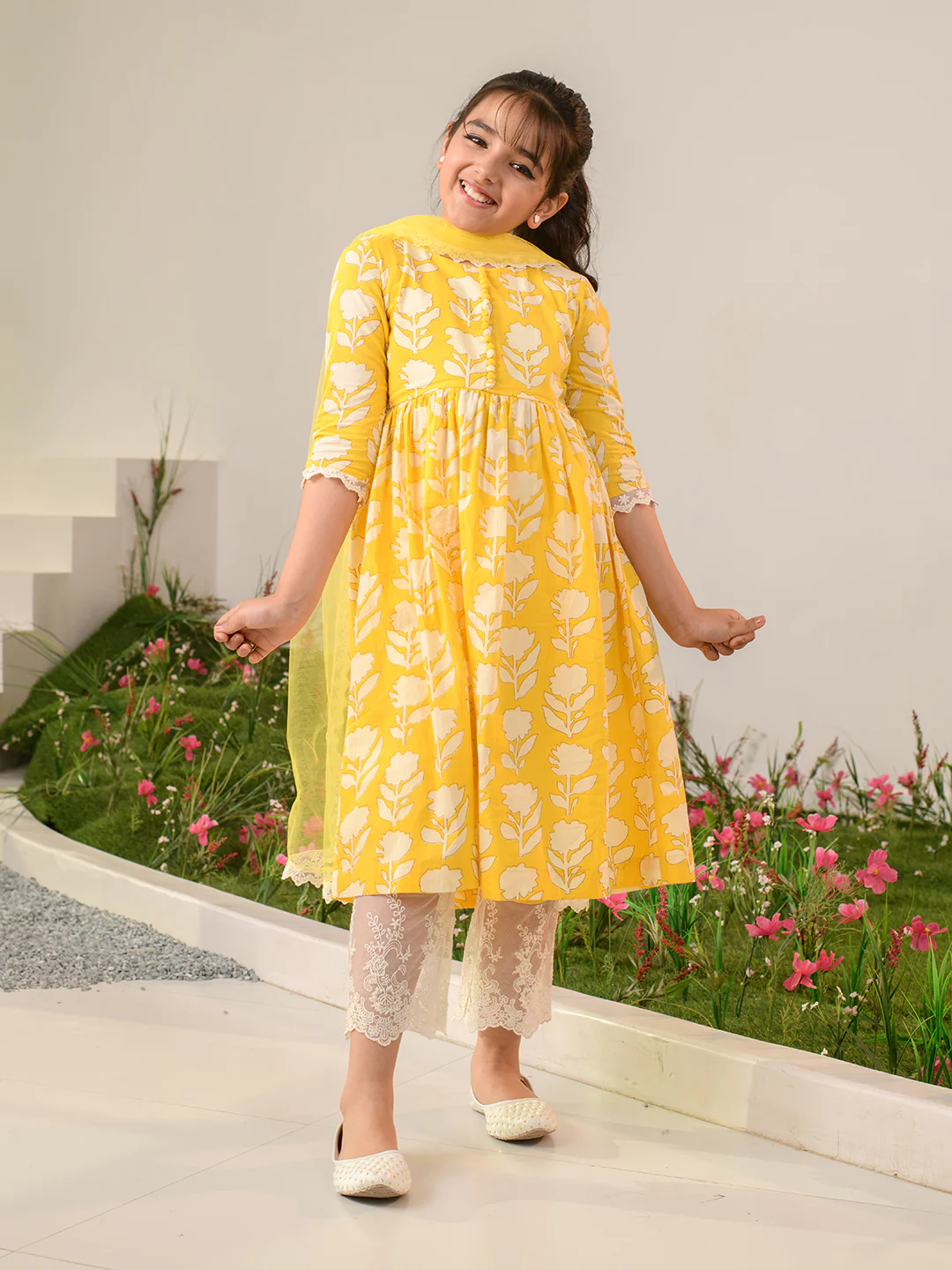 Girl - Yellow Floral Kurta with Pant & Dupatta