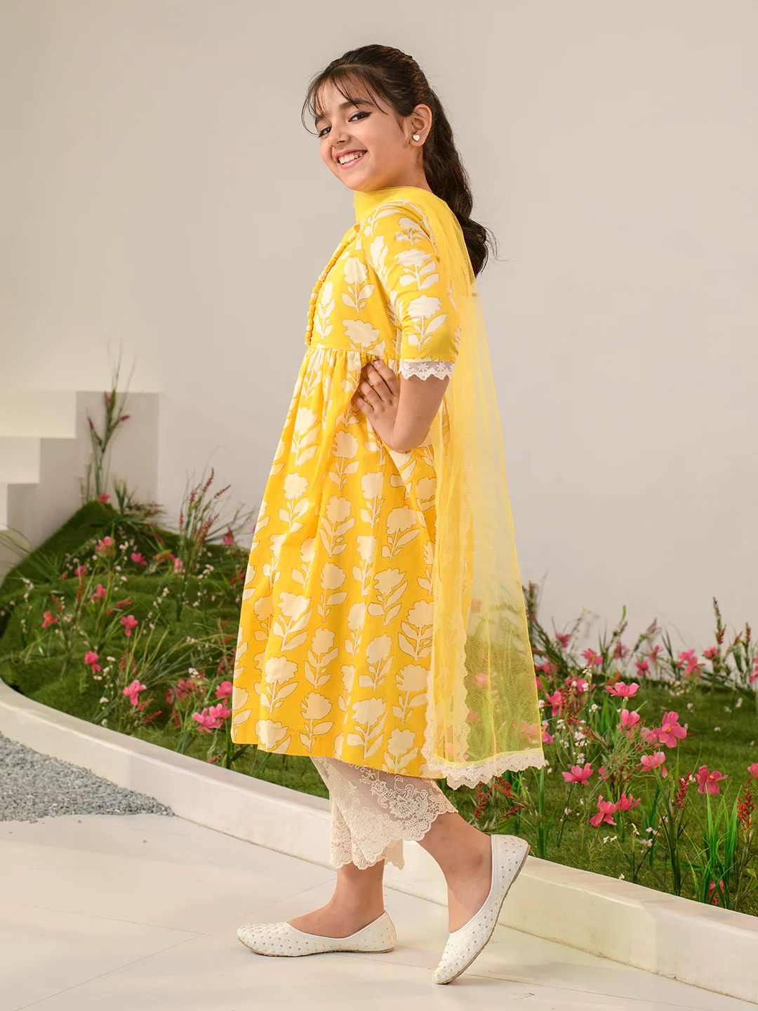 Girl - Yellow Floral Kurta with Pant & Dupatta