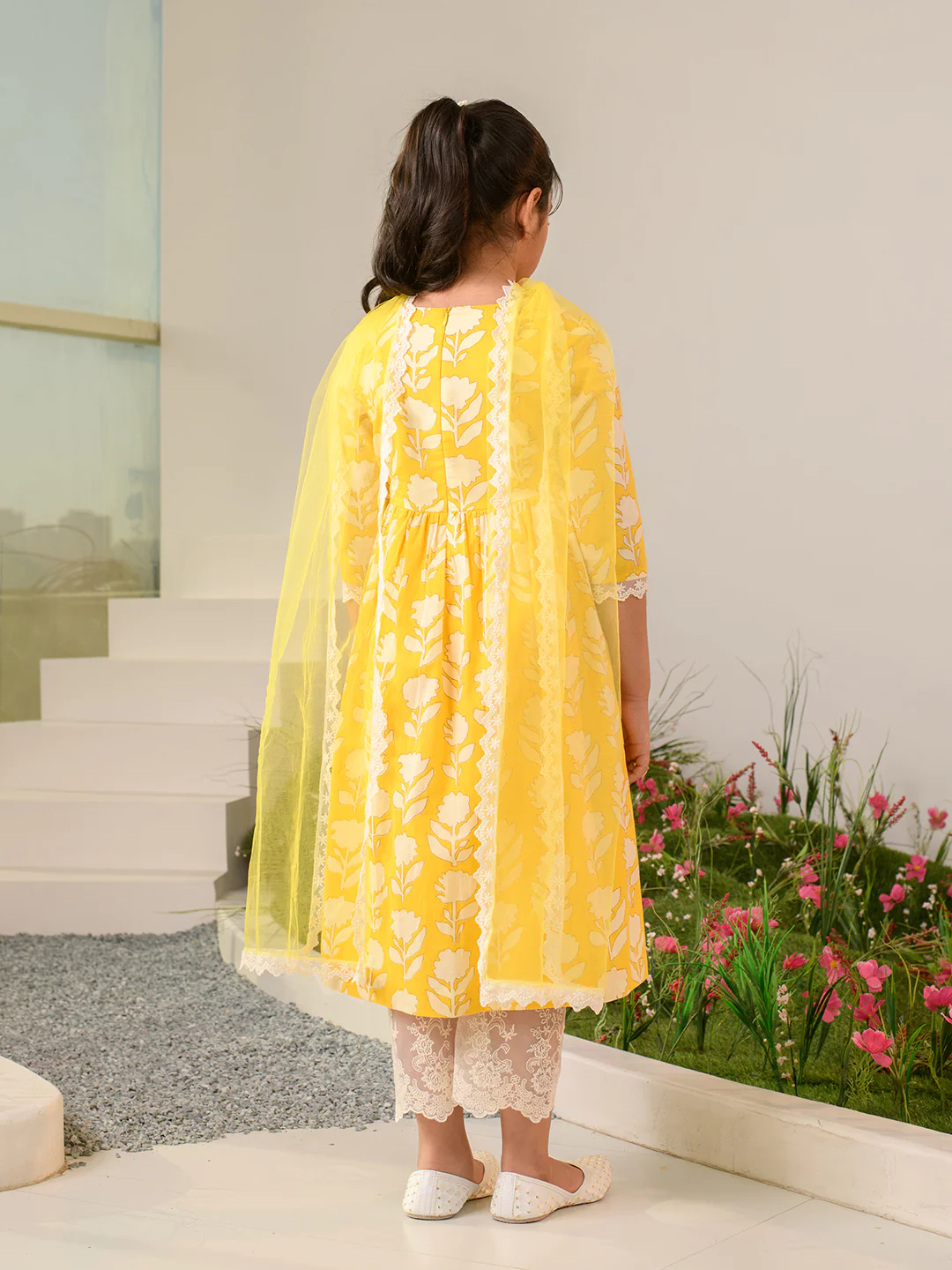 Girl - Yellow Floral Kurta with Pant & Dupatta