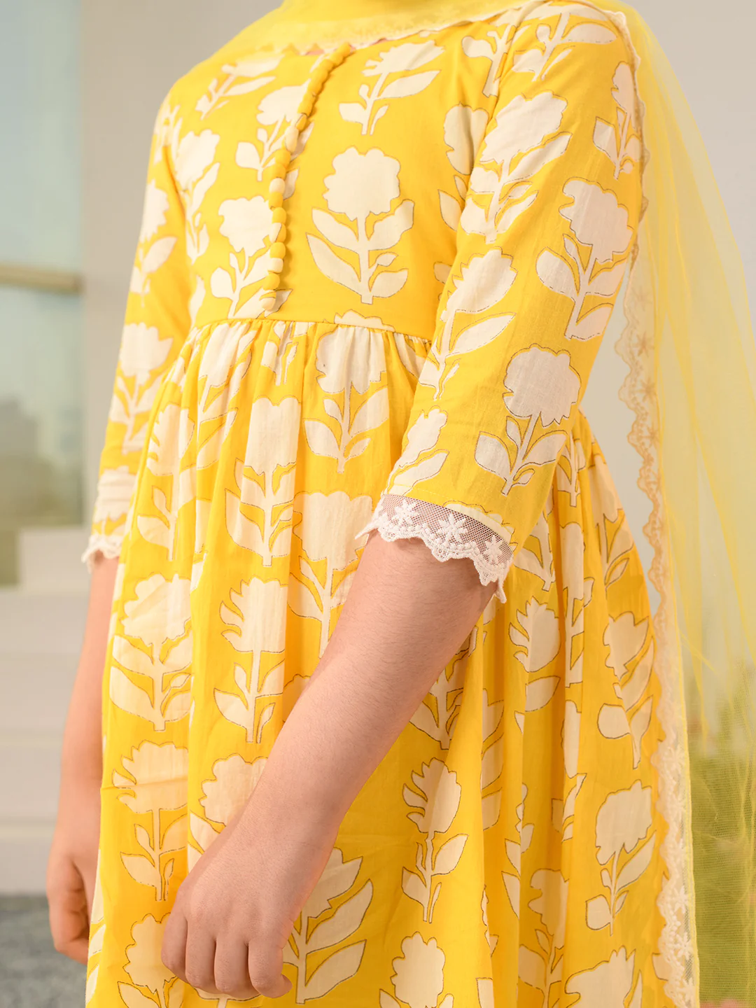 Girl - Yellow Floral Kurta with Pant & Dupatta
