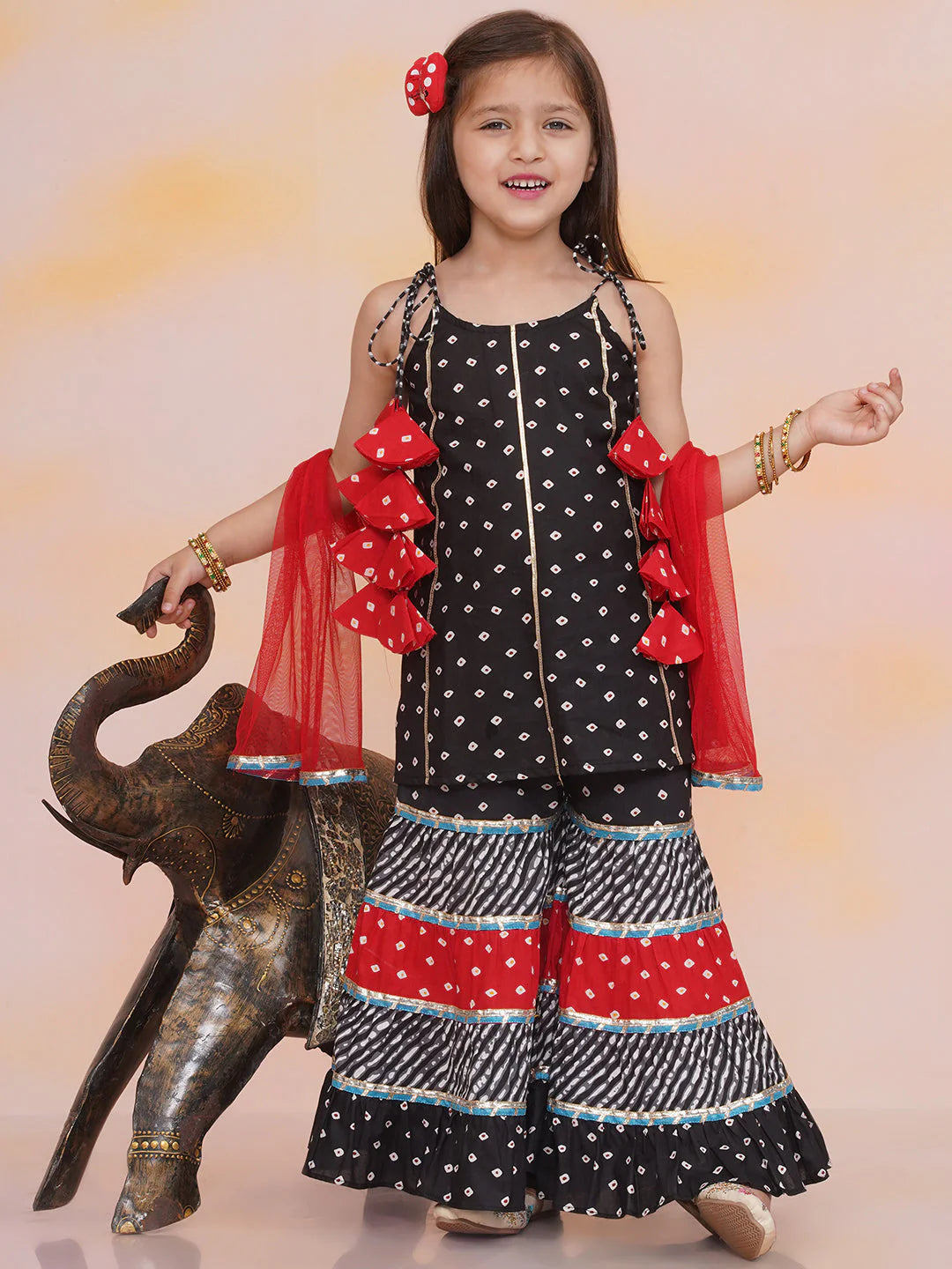 Girl Black & Red Bandhani Sharara Set with Dupatta